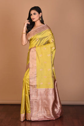 Light Yellow Pure Katan Silk Saree with Blouse Piece - Keya Seth Exclusive