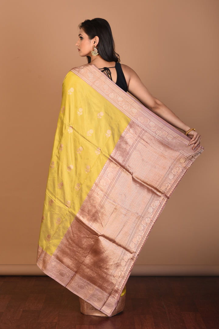 Light Yellow Pure Katan Silk Saree with Blouse Piece - Keya Seth Exclusive