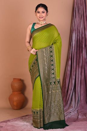 Leaf Green Pure Georgette Saree with Deep Green Borders - Keya Seth Exclusive