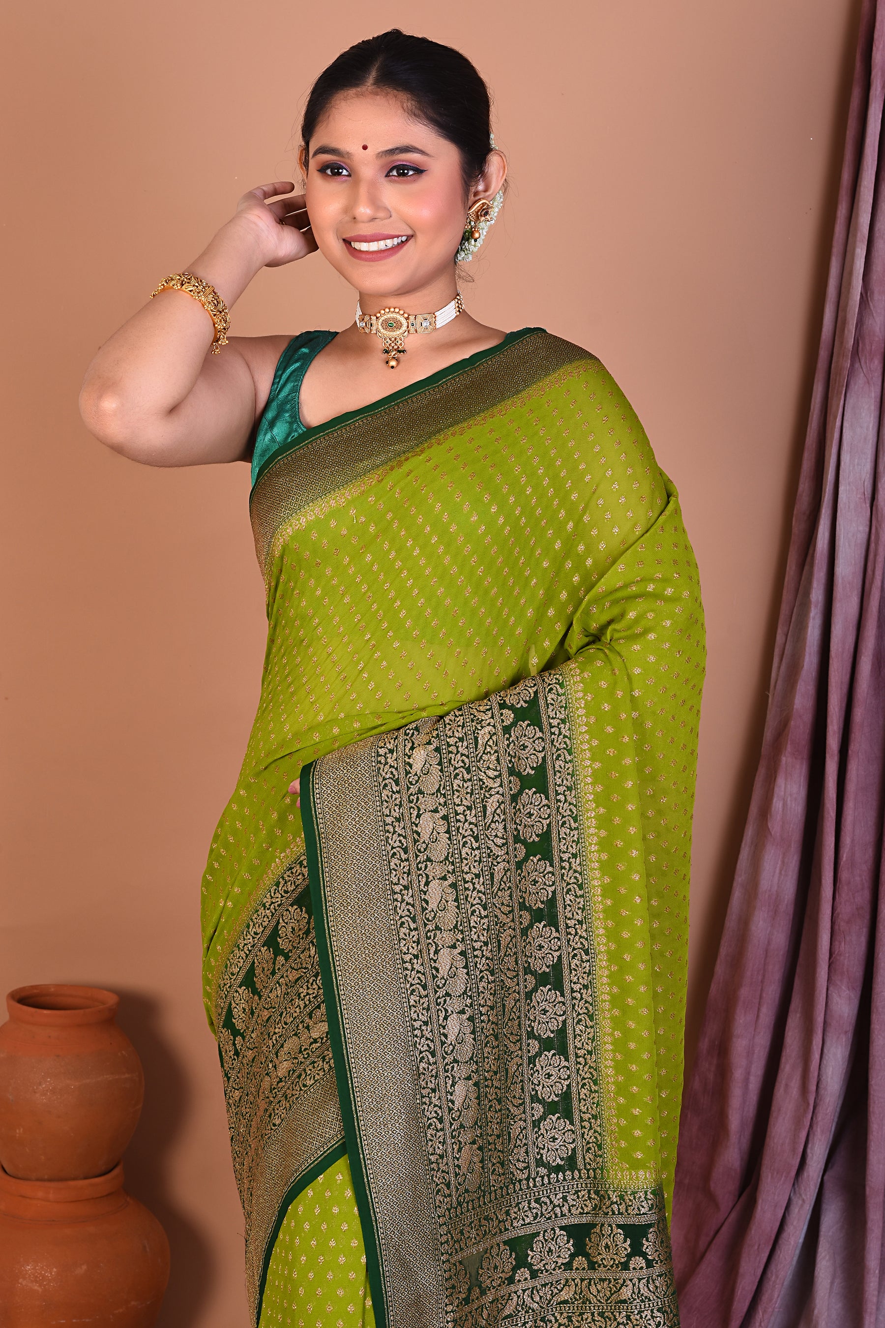 Leaf Green Pure Georgette Saree with Deep Green Borders - Keya Seth Exclusive