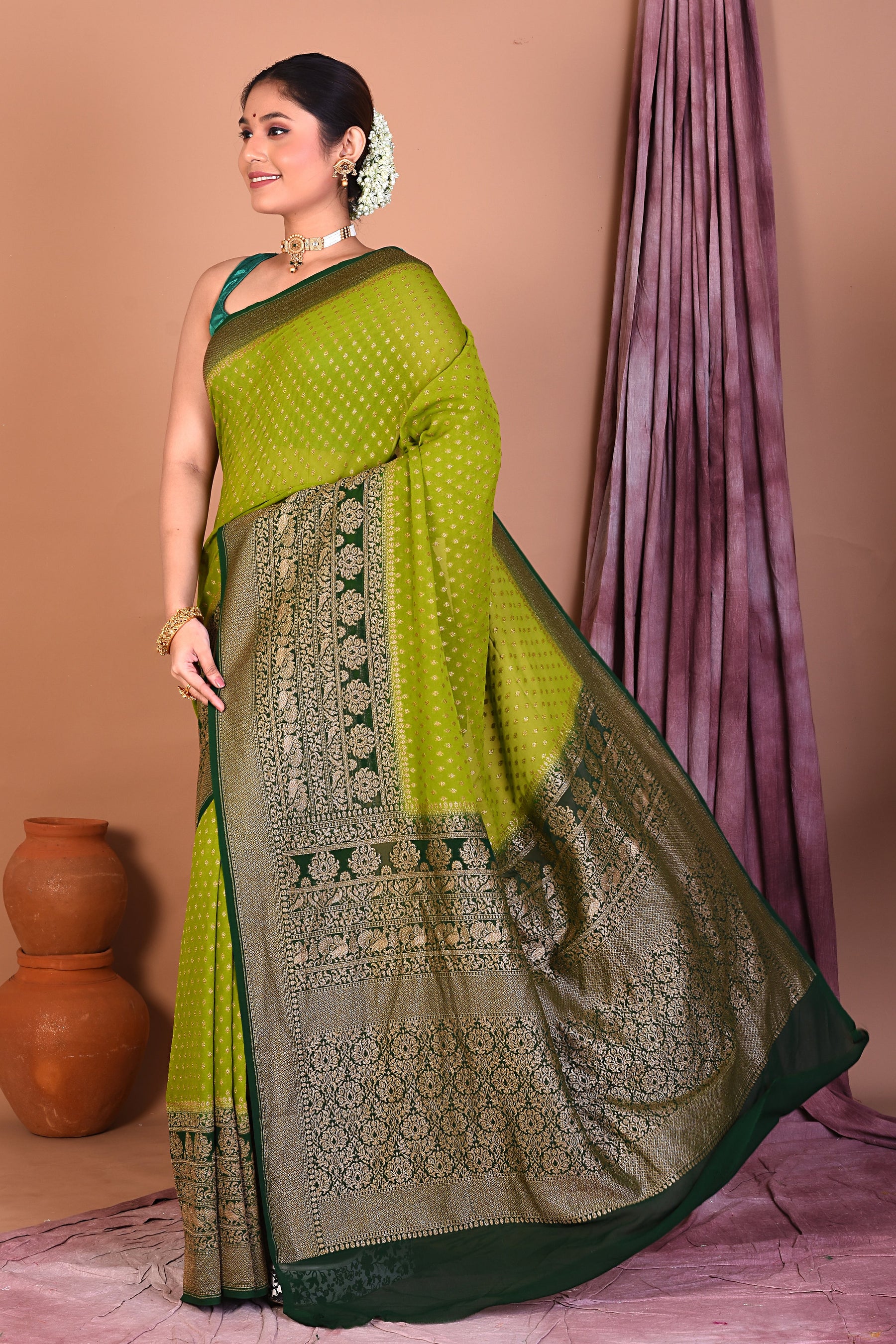 Leaf Green Pure Georgette Saree with Deep Green Borders - Keya Seth Exclusive