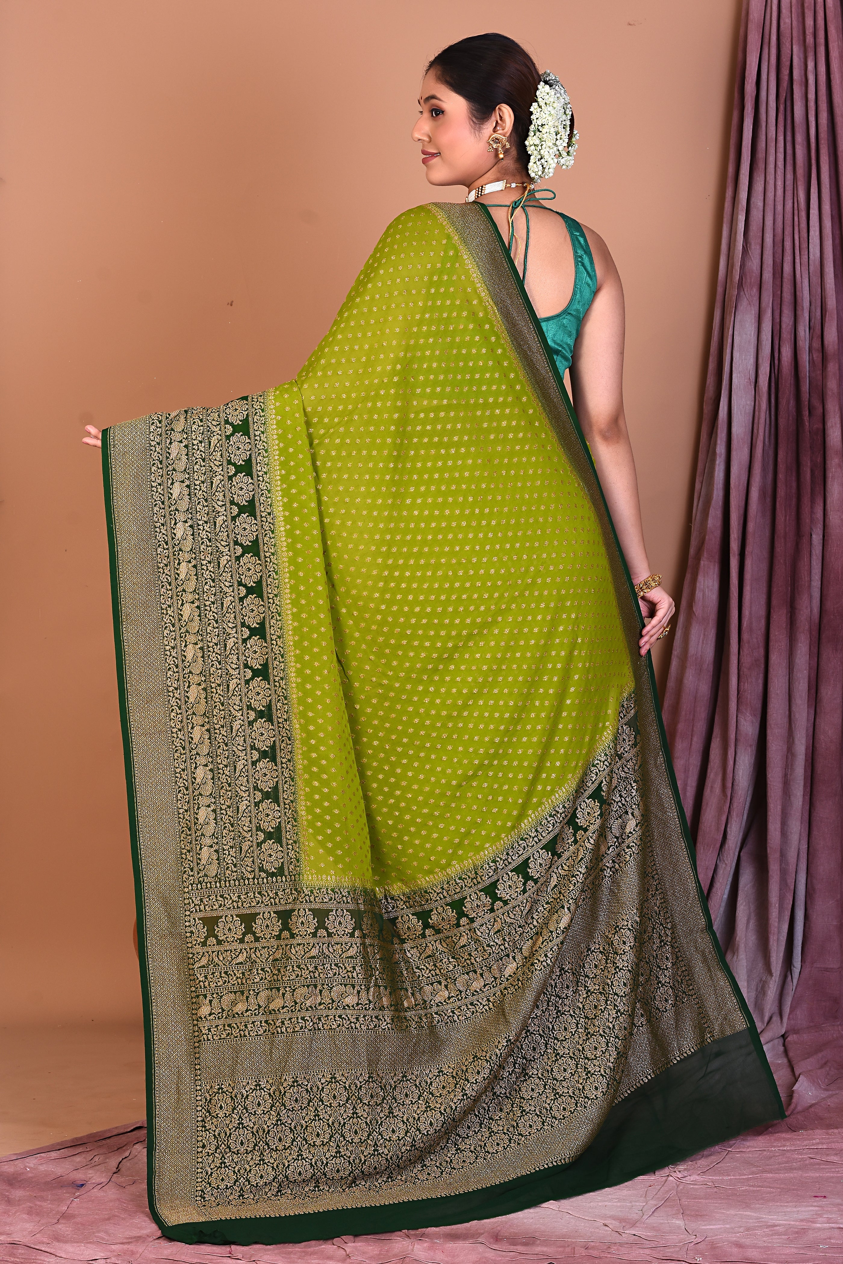 Leaf Green Pure Georgette Saree with Deep Green Borders - Keya Seth Exclusive