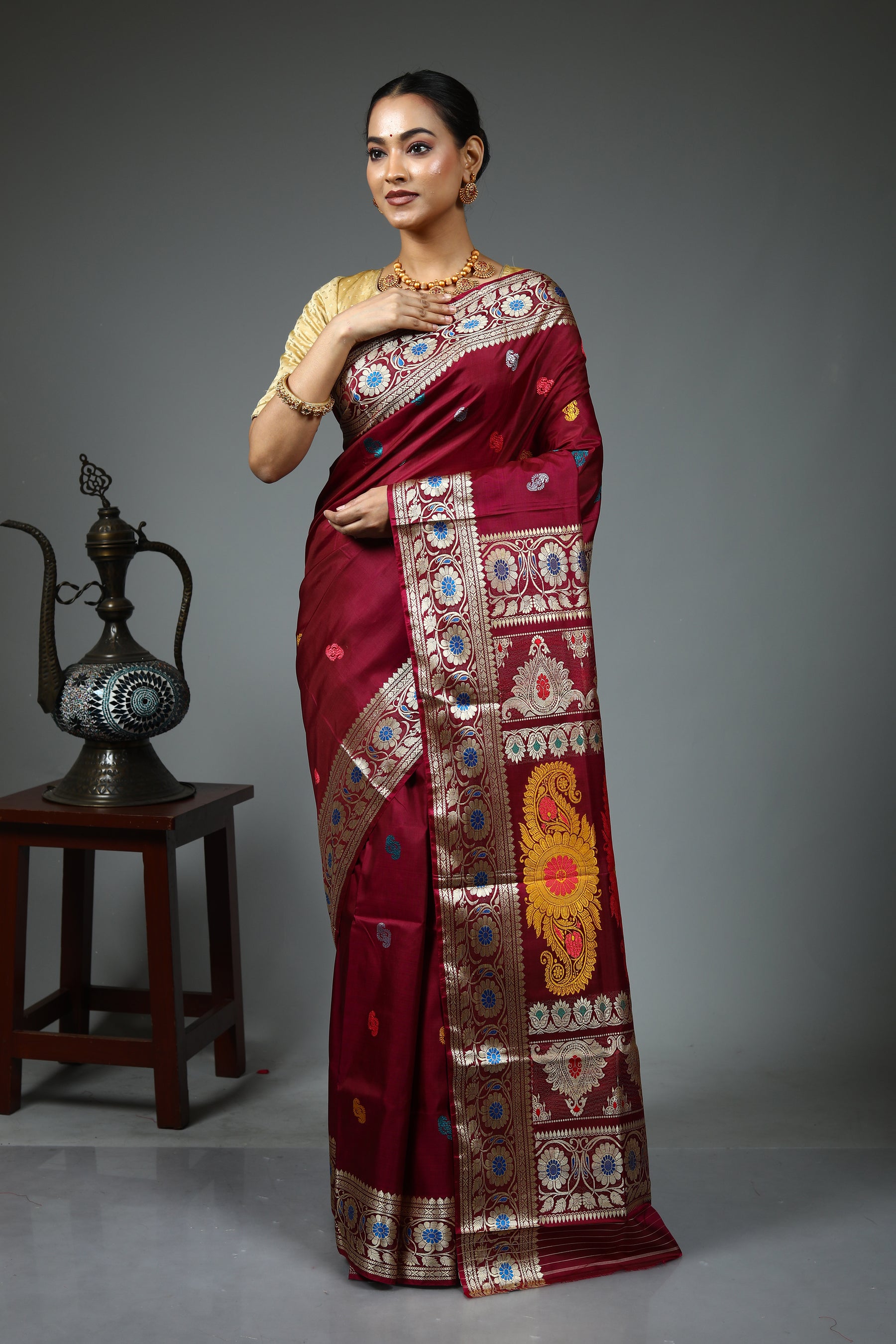 Wine Baluchari Saree