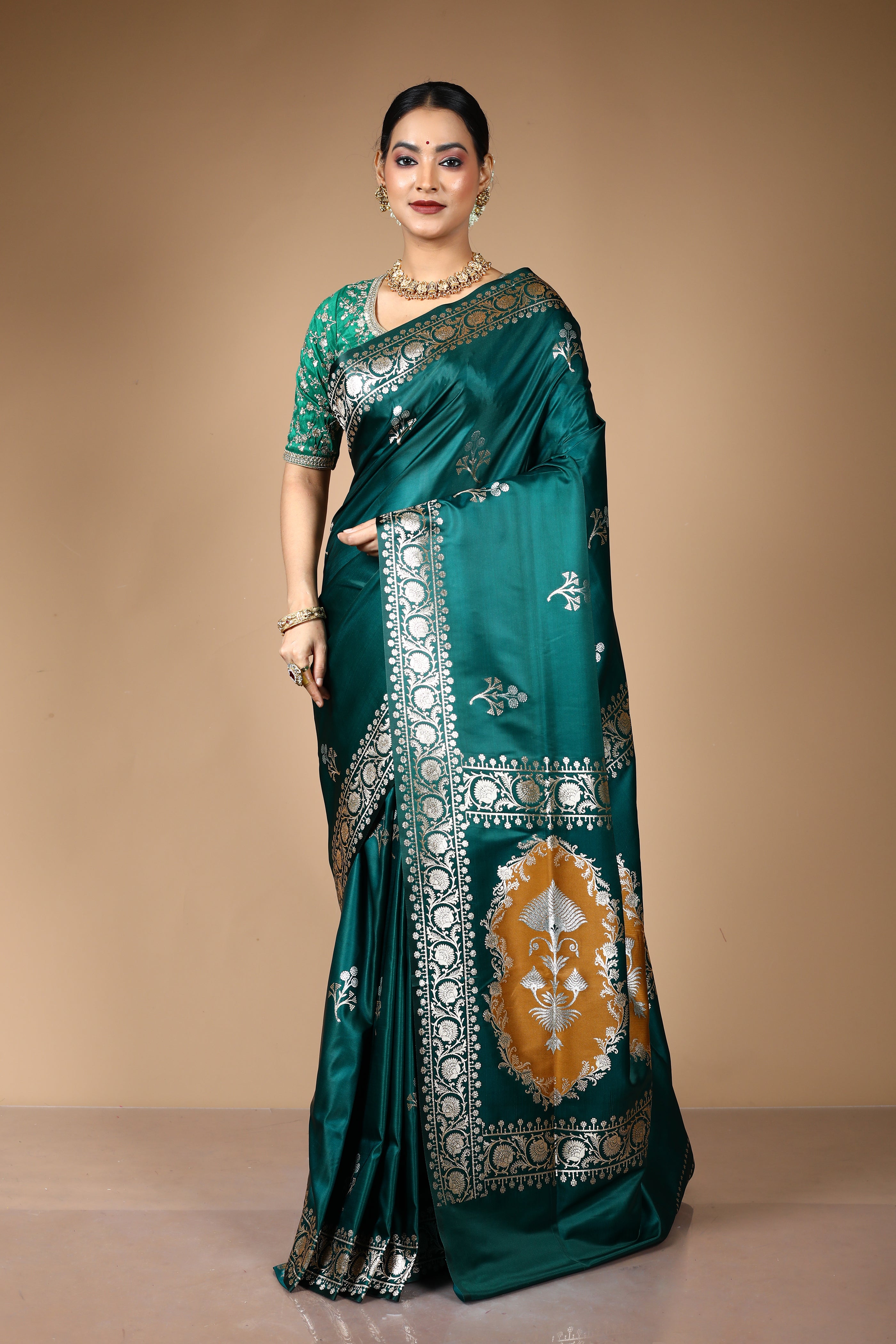 Dark Green Blended Satin Banarasi Saree