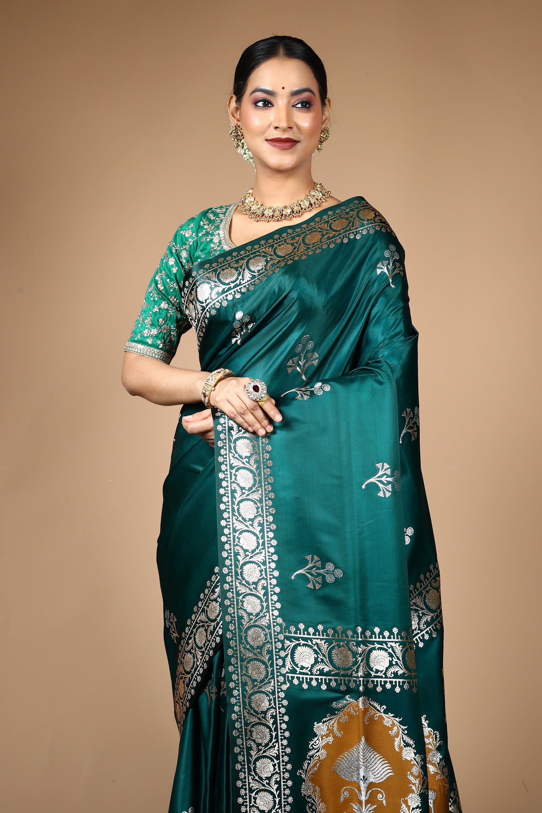Dark Green Blended Satin Banarasi Saree
