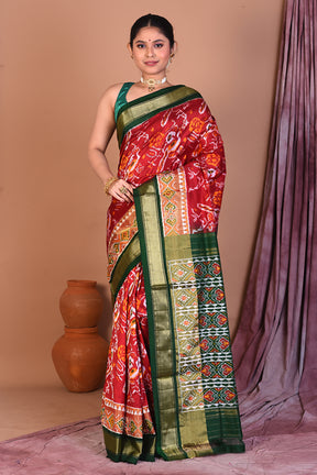 Red Pure Ikkat Saree with Green Borders - Keya Seth Exclusive