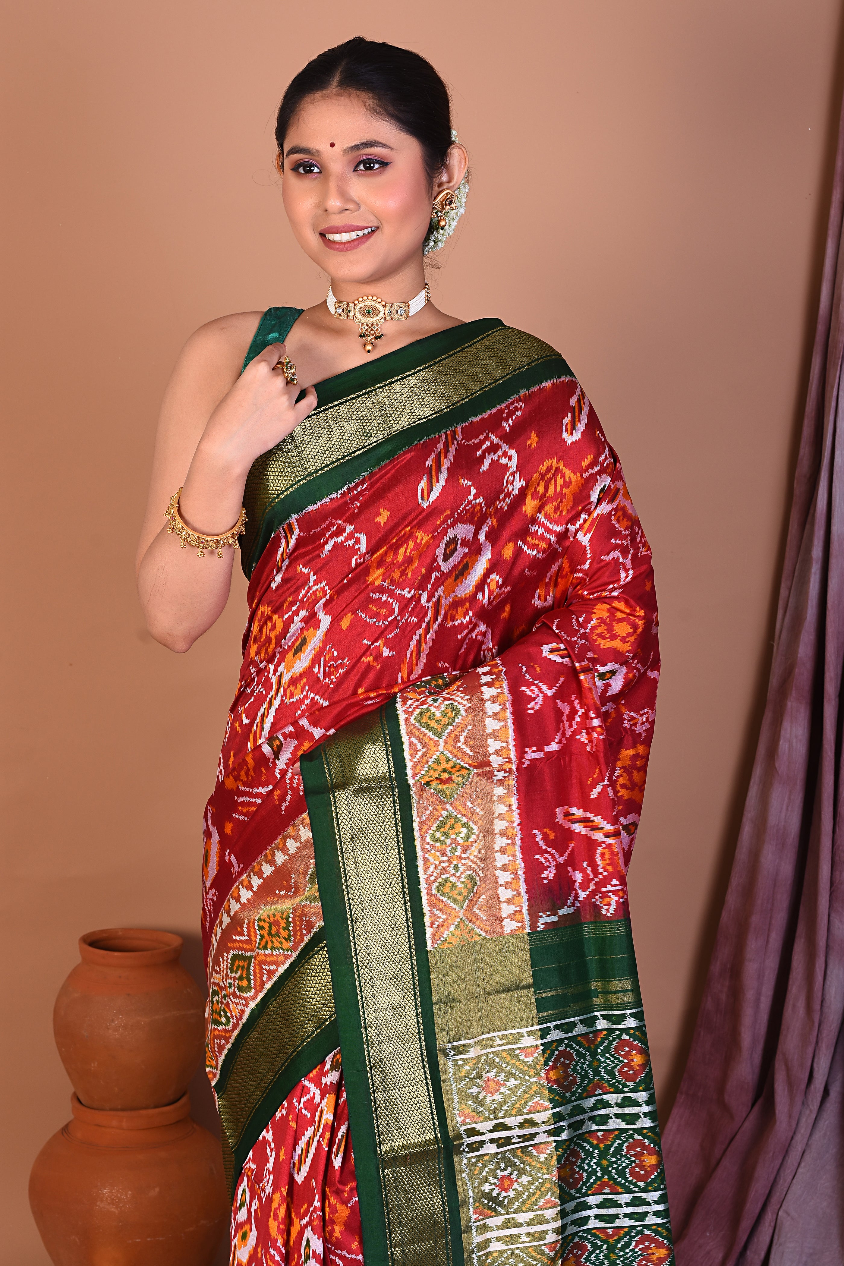 Red Pure Ikkat Saree with Green Borders - Keya Seth Exclusive