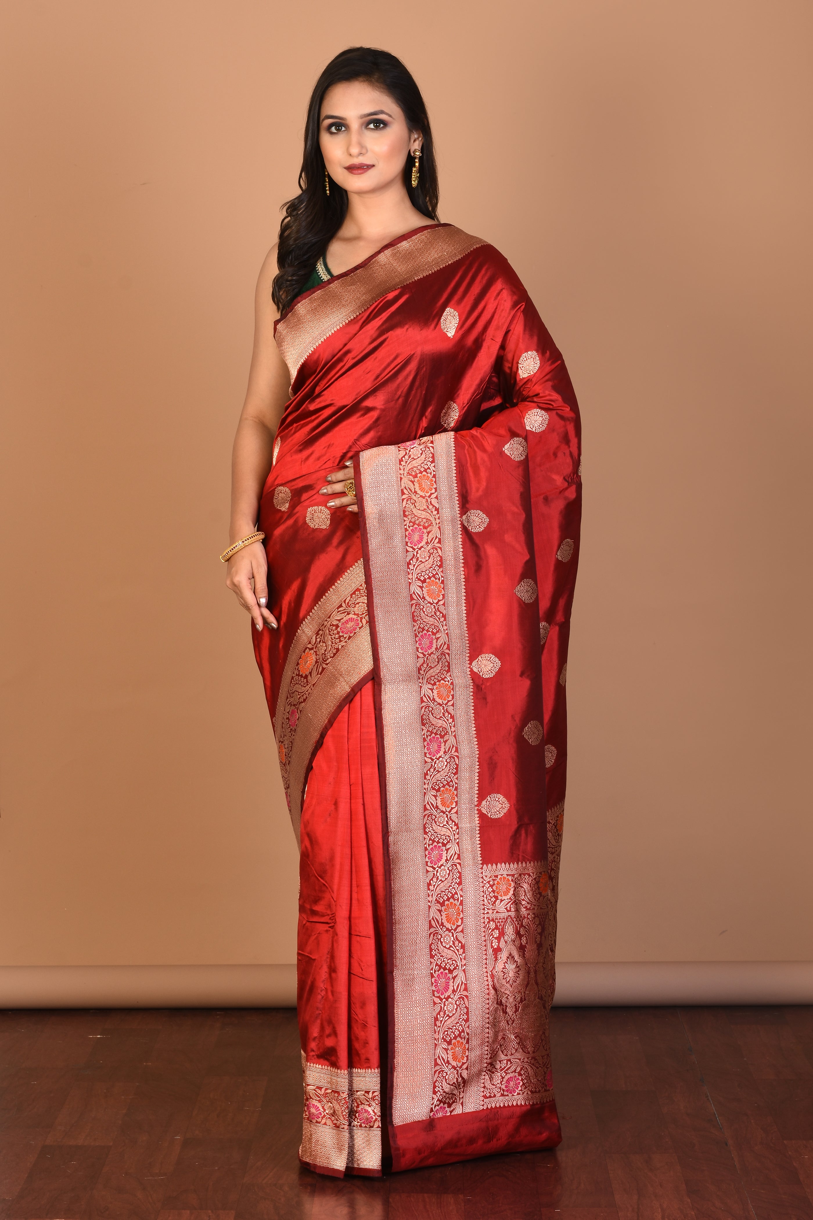 Red Pure Katan Silk Saree with Blouse Piece - Keya Seth Exclusive