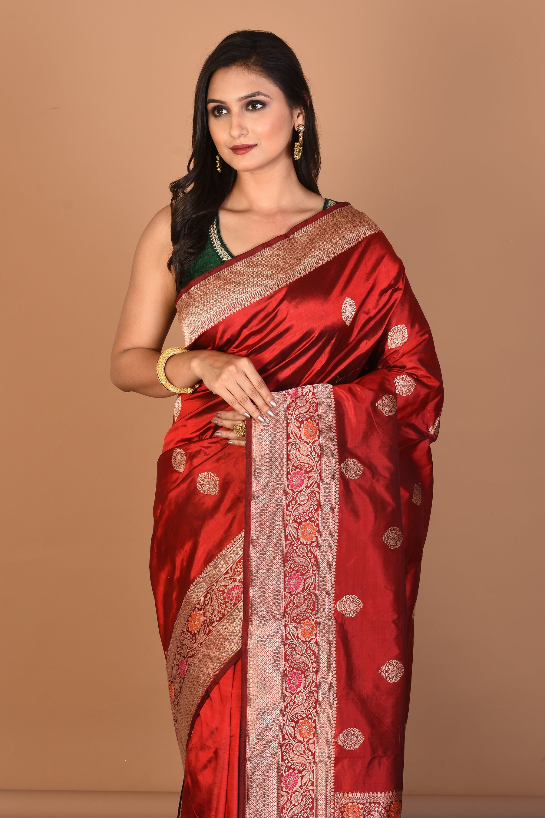 Red Pure Katan Silk Saree with Blouse Piece - Keya Seth Exclusive