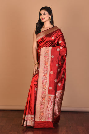 Red Pure Katan Silk Saree with Blouse Piece - Keya Seth Exclusive