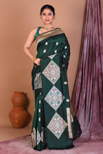 Load image into Gallery viewer, Bottle Green Pure Katan Saree with Golden Zari - Keya Seth Exclusive
