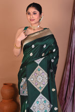 Load image into Gallery viewer, Bottle Green Pure Katan Saree with Golden Zari - Keya Seth Exclusive
