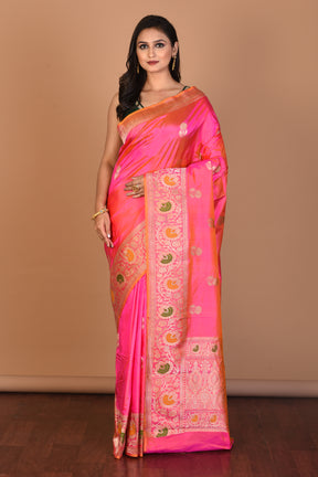 Pink Dual Tone Pure Katan Silk Saree with Blouse Piece - Keya Seth Exclusive