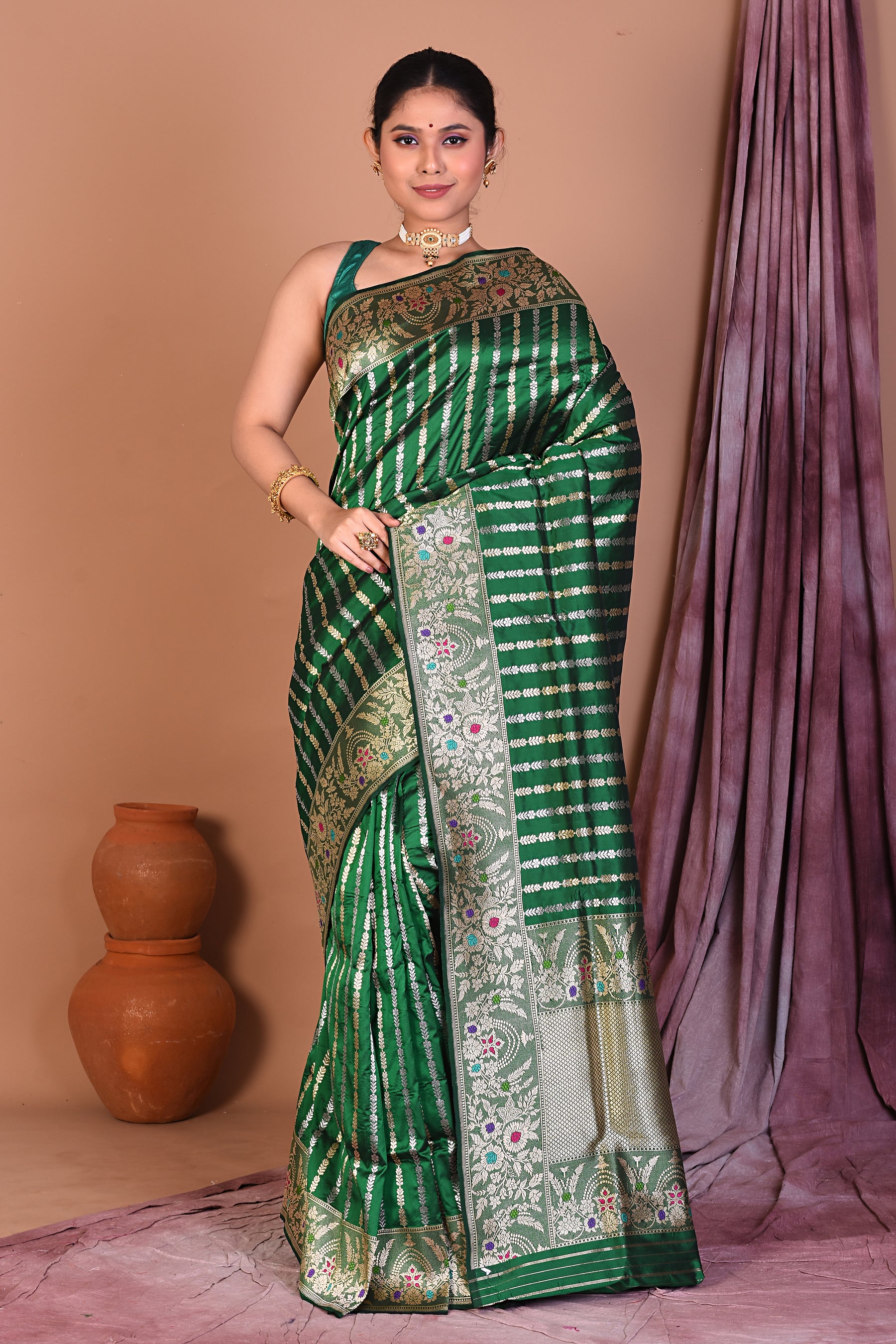 Green Pure Katan Saree with Golden Zari - Keya Seth Exclusive