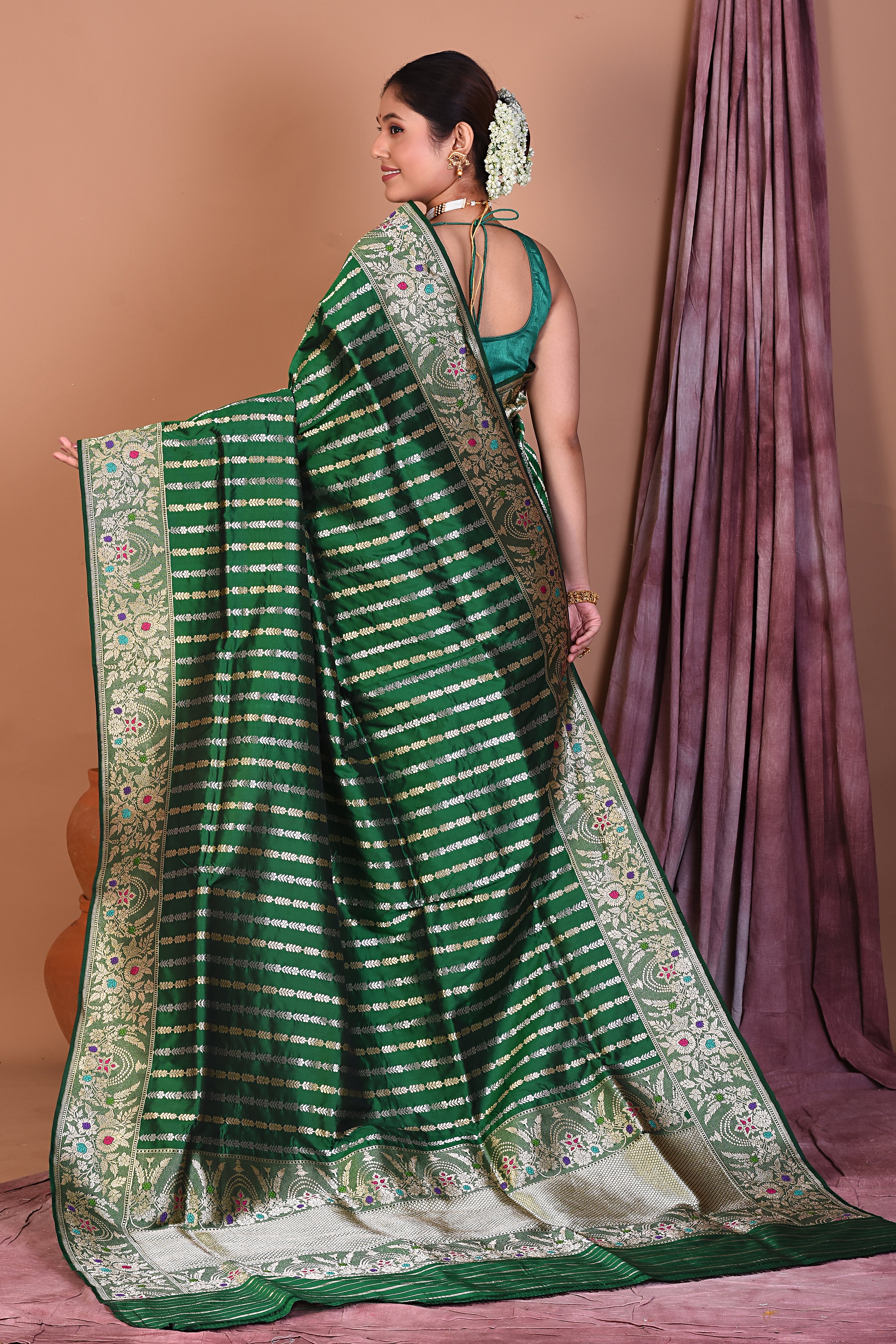 Green Pure Katan Saree with Golden Zari - Keya Seth Exclusive