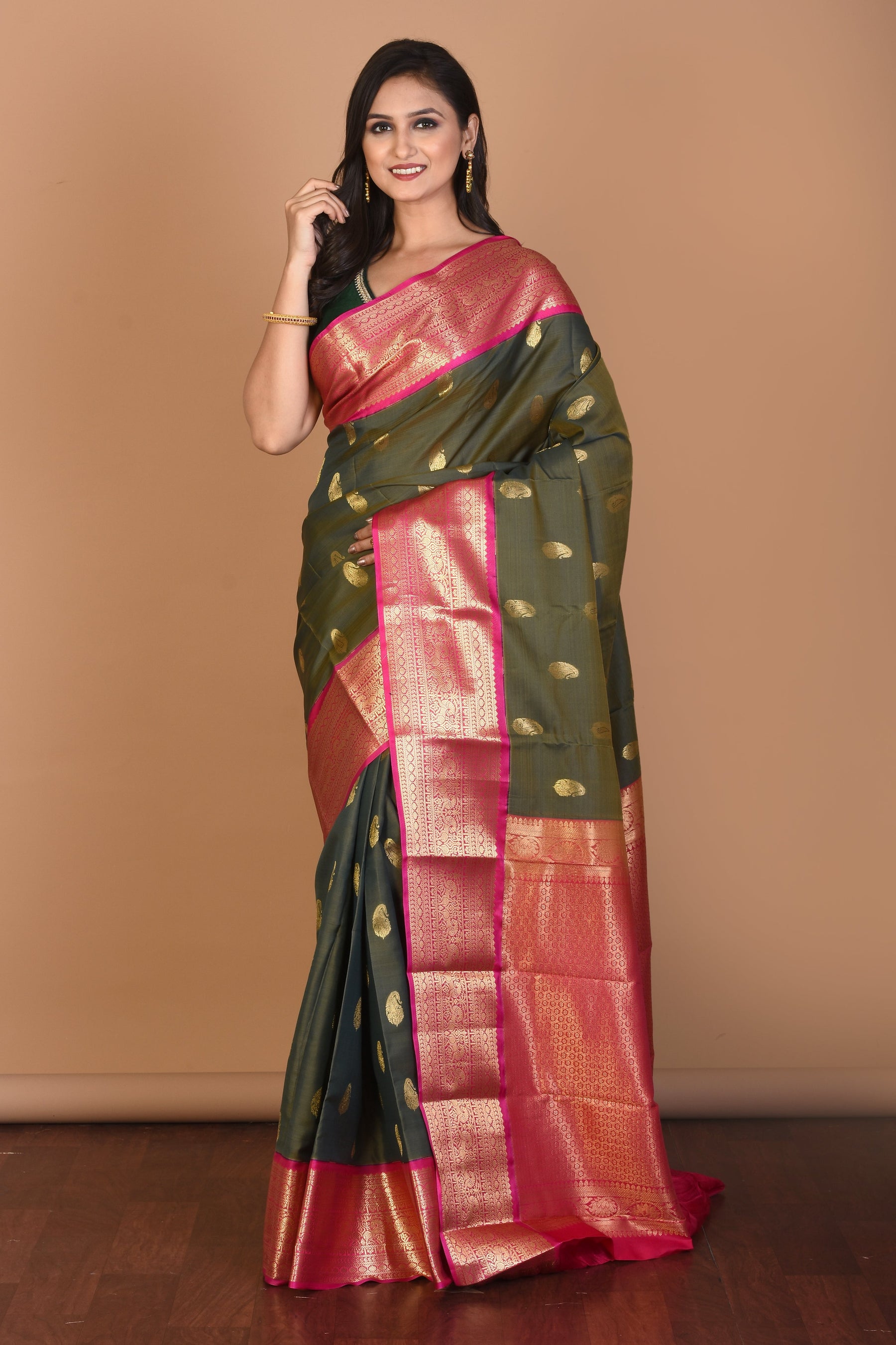 Bottle Green Blended Kanjivaram Silk Saree with Blouse Piece - Keya Seth Exclusive