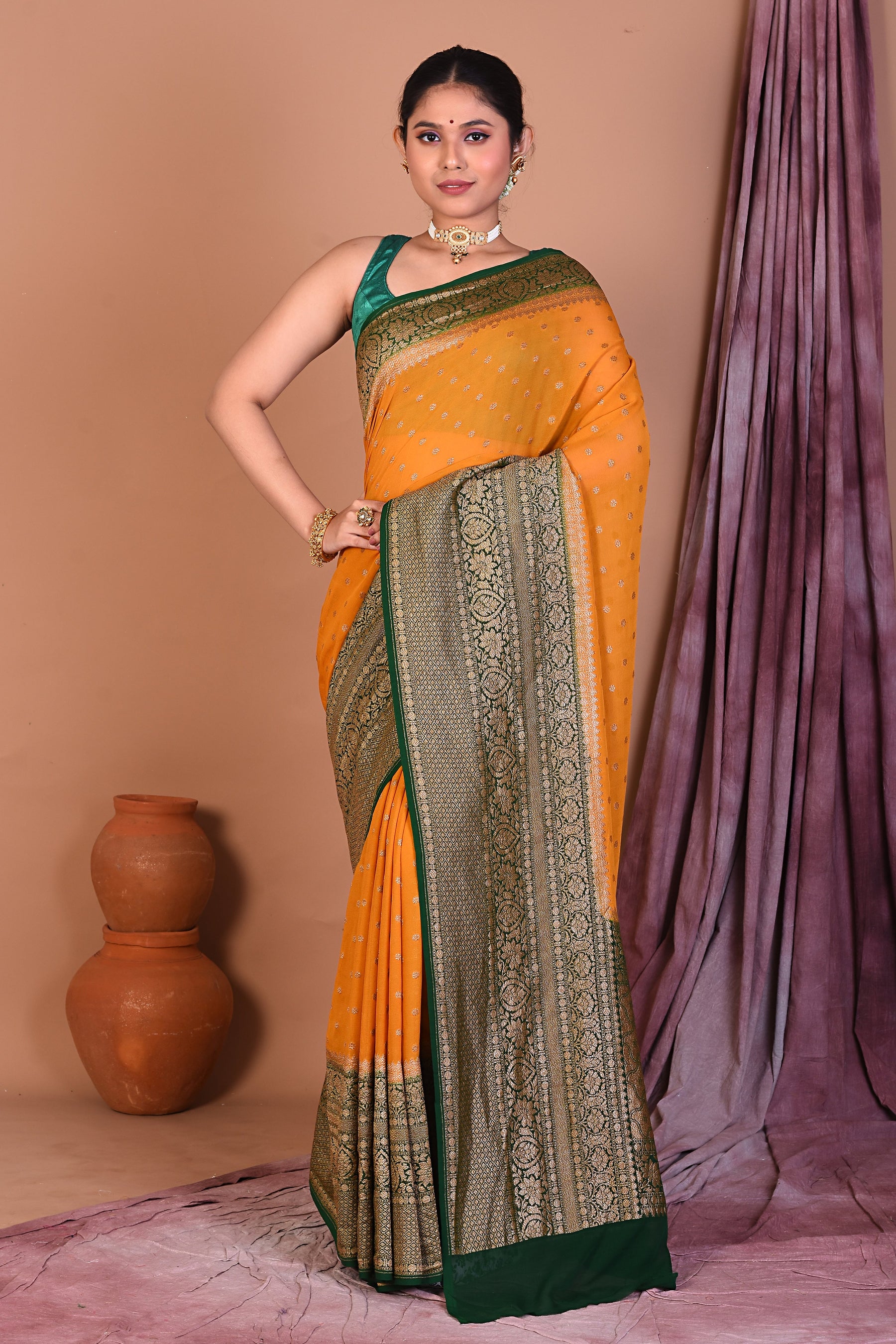 Yellow Pure Georgette Saree with Green Borders - Keya Seth Exclusive