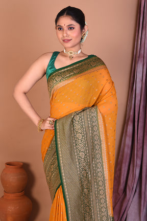 Yellow Pure Georgette Saree with Green Borders - Keya Seth Exclusive