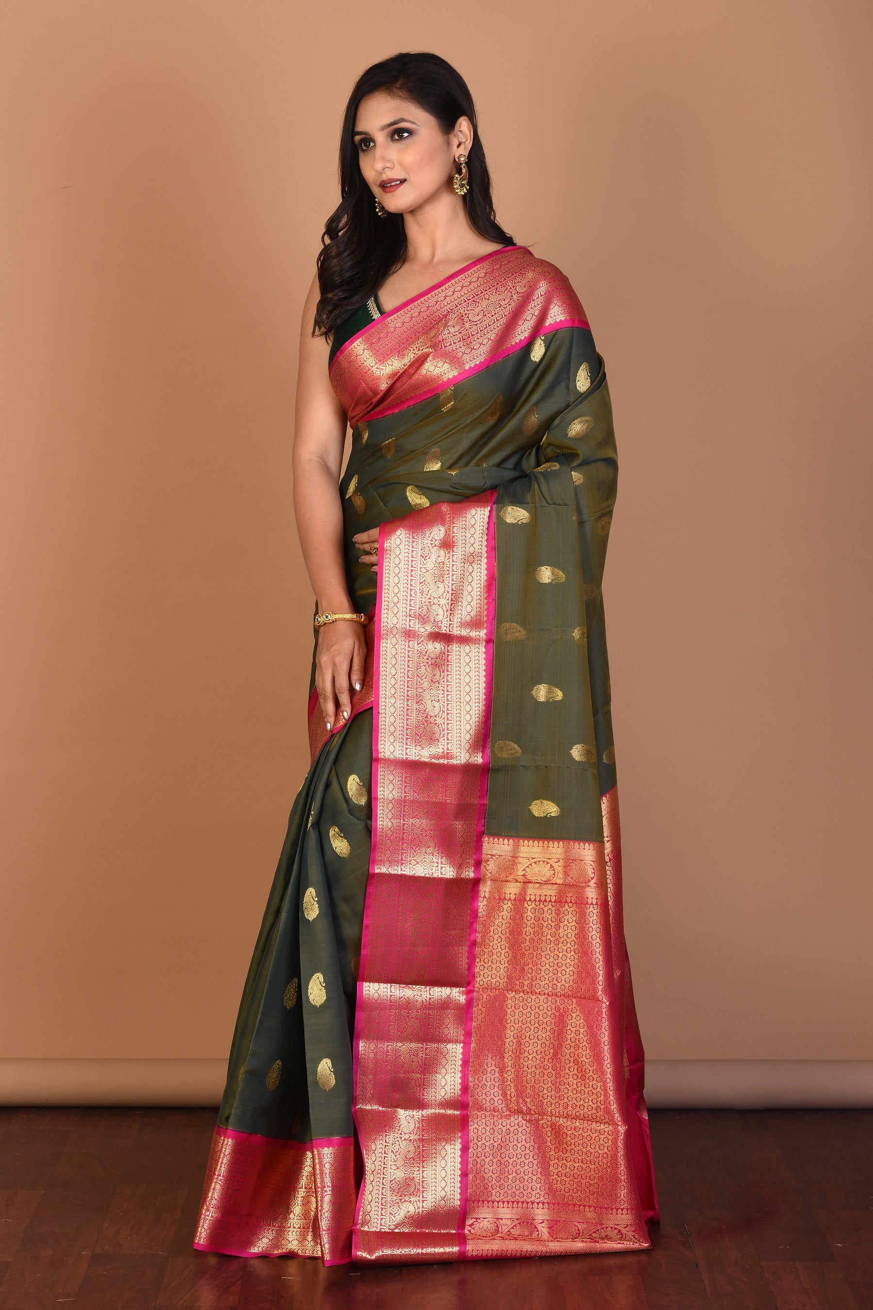 Bottle Green Blended Kanjivaram Silk Saree with Blouse Piece - Keya Seth Exclusive