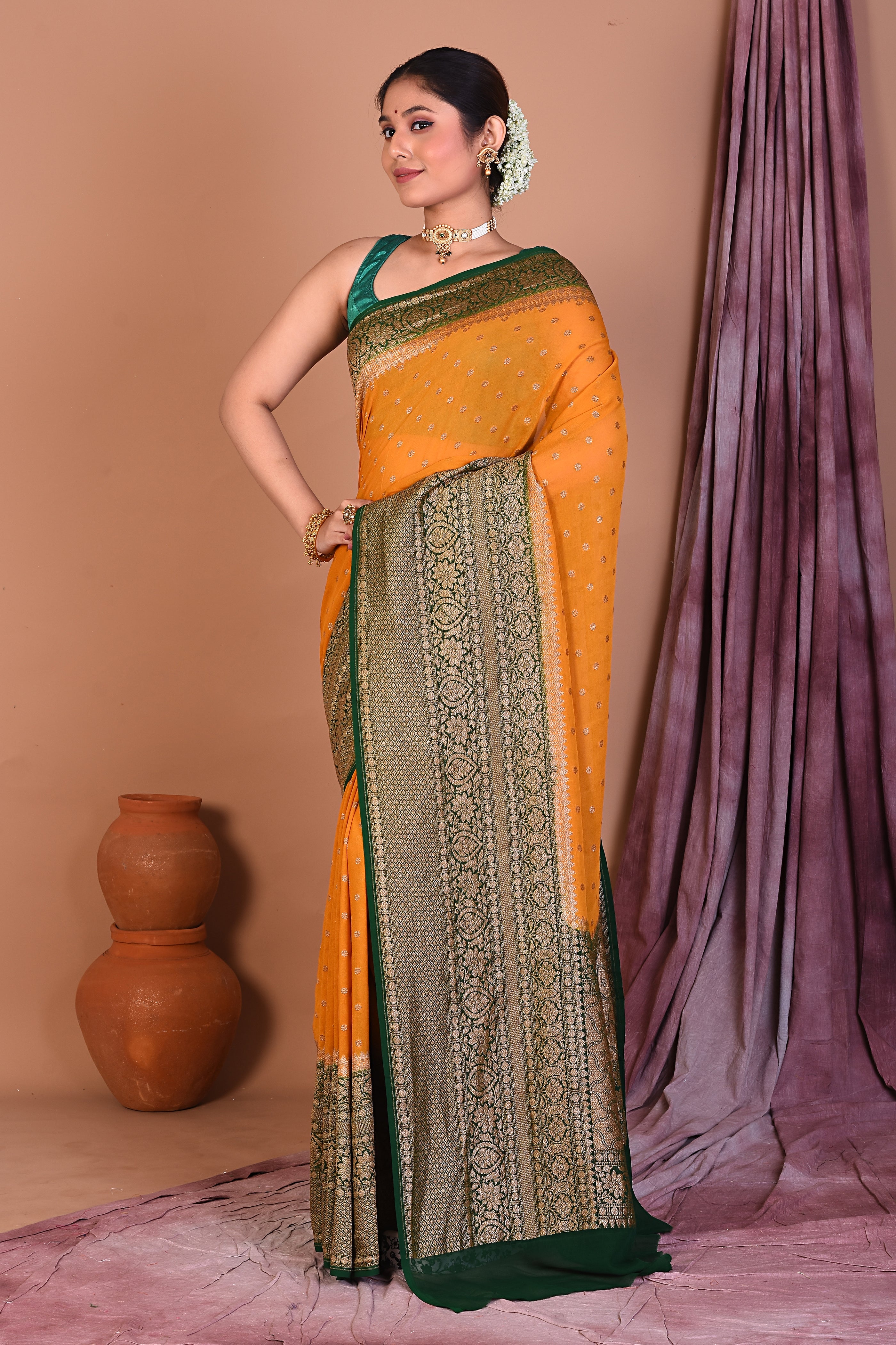 Yellow Pure Georgette Saree with Green Borders - Keya Seth Exclusive