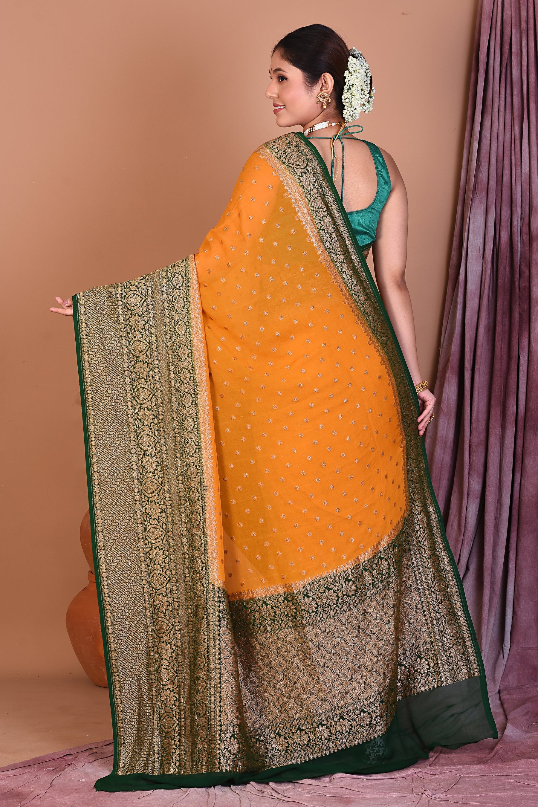 Yellow Pure Georgette Saree with Green Borders - Keya Seth Exclusive