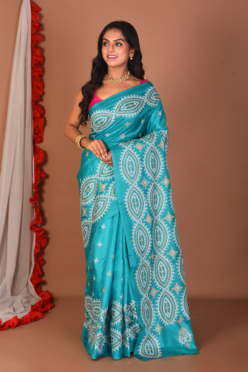 Rama Green Pure Katha Stitch Saree - Keya Seth Exclusive