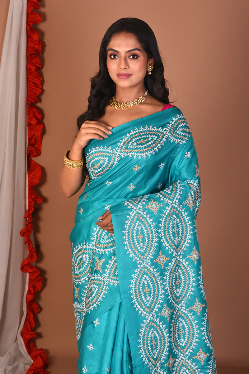 Rama Green Pure Katha Stitch Saree - Keya Seth Exclusive