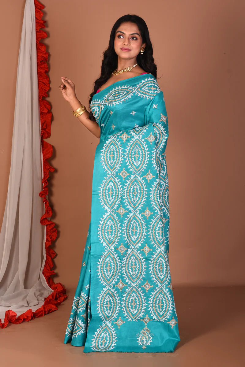 Rama Green Pure Katha Stitch Saree - Keya Seth Exclusive