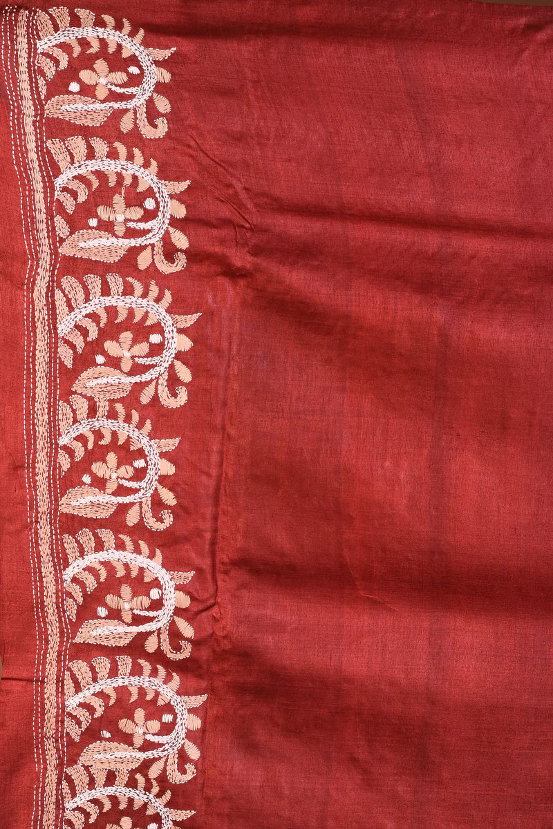 Grey & Maroon Katha Stitch Pure Silk Saree - Keya Seth Exclusive