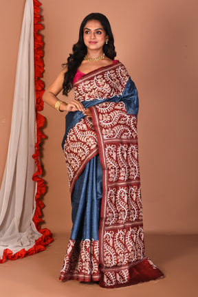 Grey & Maroon Katha Stitch Pure Silk Saree - Keya Seth Exclusive