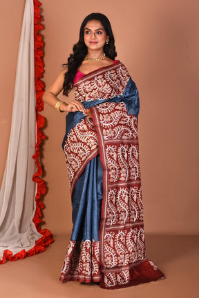 Grey & Maroon Katha Stitch Pure Silk Saree - Keya Seth Exclusive