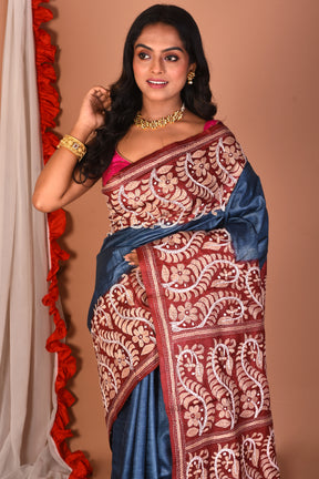 Grey & Maroon Katha Stitch Pure Silk Saree - Keya Seth Exclusive