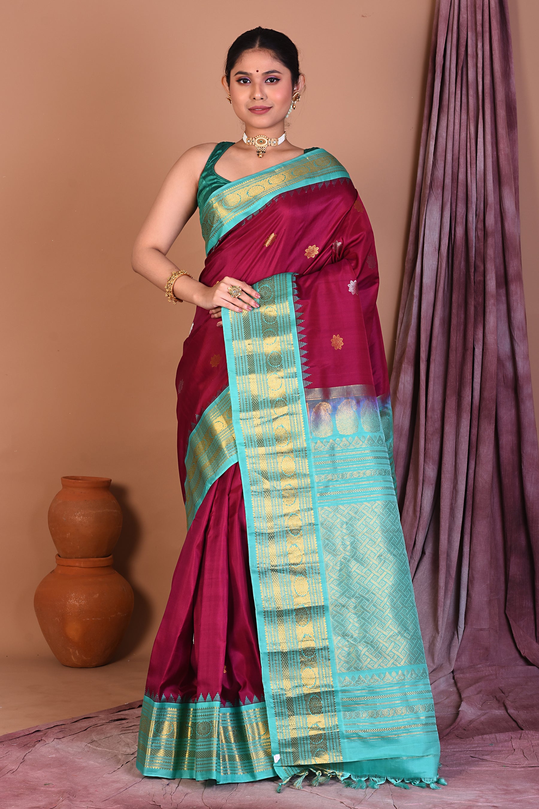 Wine Pure Gadwal Saree with Sea Green Borders - Keya Seth Exclusive