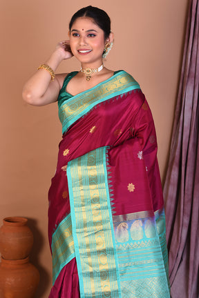 Wine Pure Gadwal Saree with Sea Green Borders - Keya Seth Exclusive