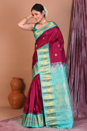 Wine Pure Gadwal Saree with Sea Green Borders - Keya Seth Exclusive