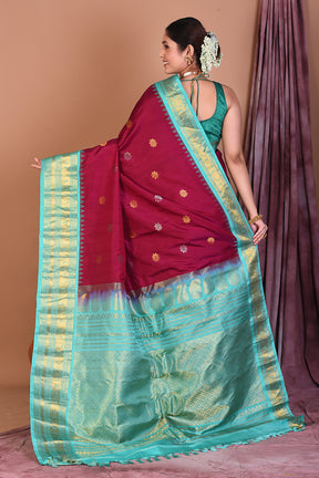 Wine Pure Gadwal Saree with Sea Green Borders - Keya Seth Exclusive