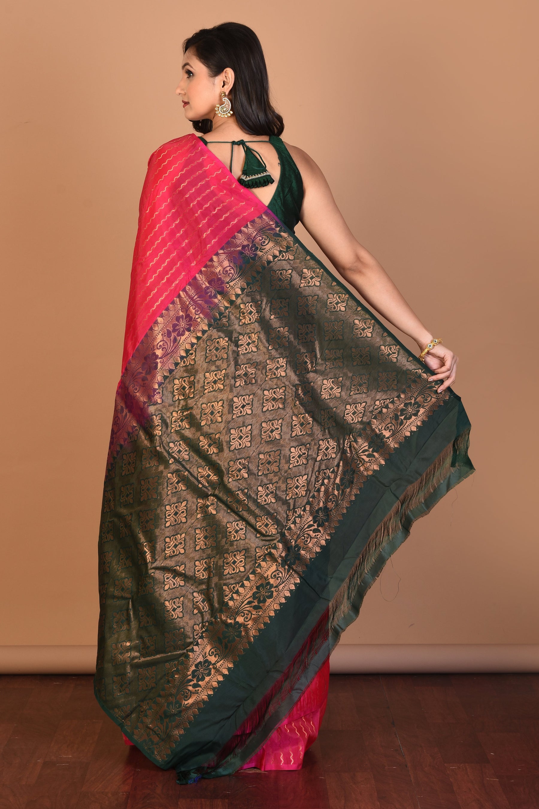 Deep Pink Borderless Blended Kanjivaram Silk Saree with Blouse Piece - Keya Seth Exclusive