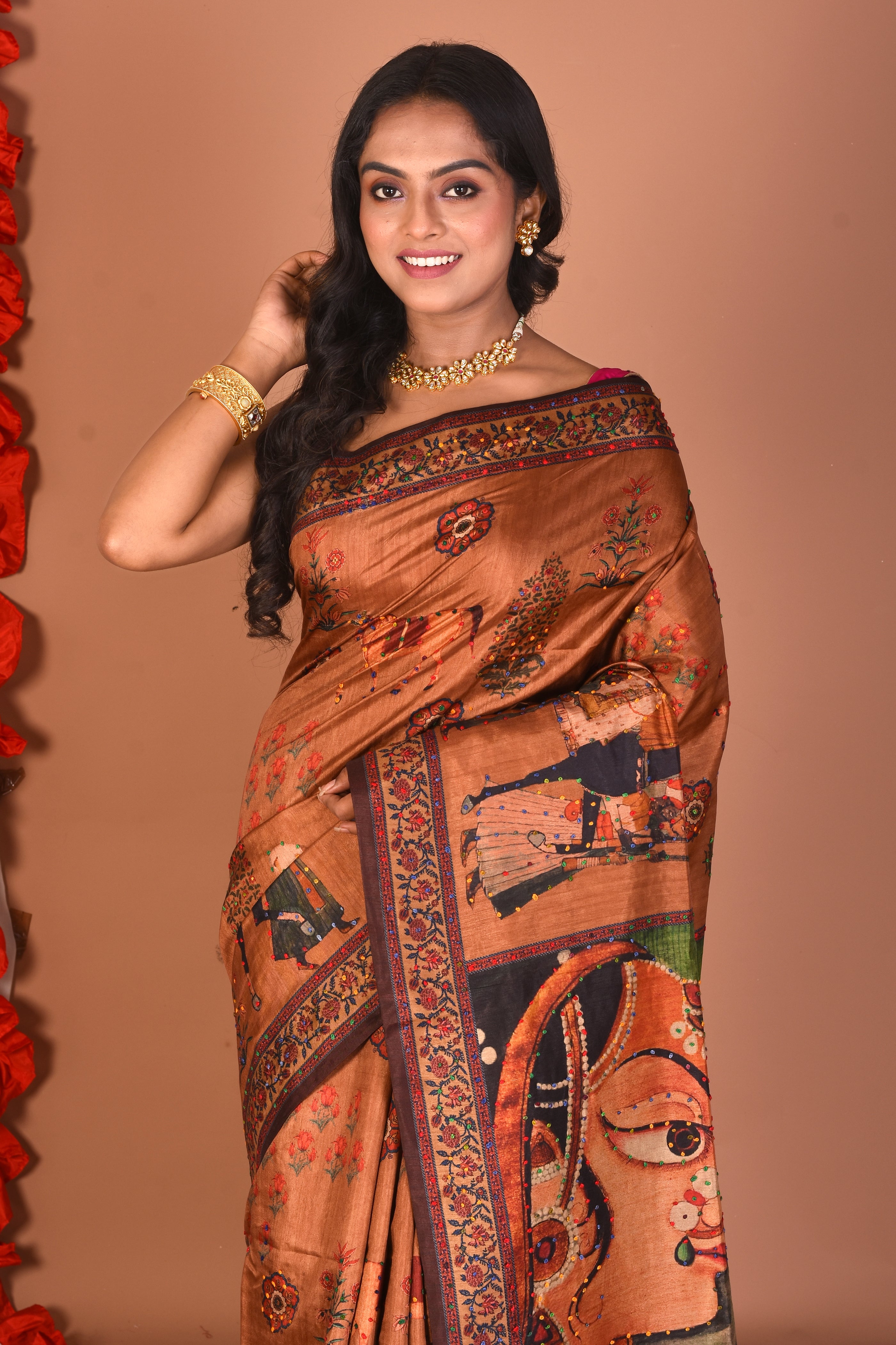 Rust Blended Printed Silk Saree - Keya Seth Exclusive