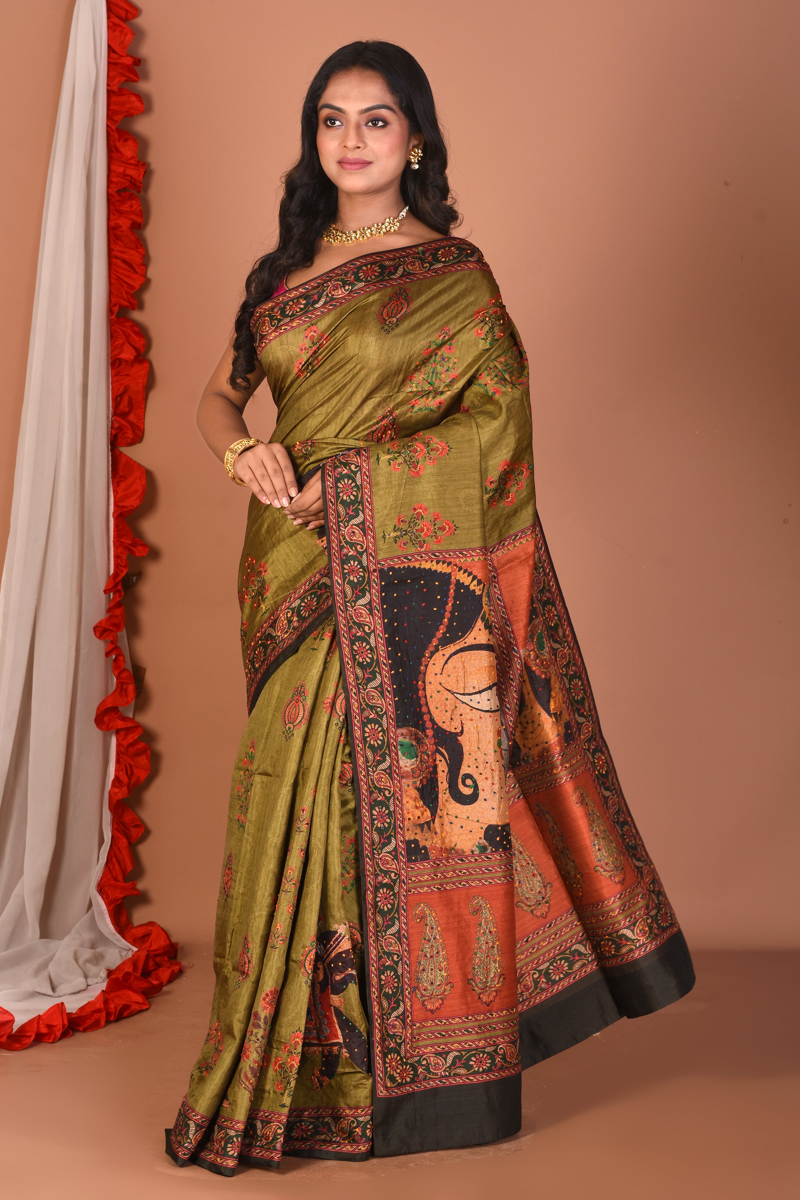 Olive Blended Printed Silk Saree - Keya Seth Exclusive