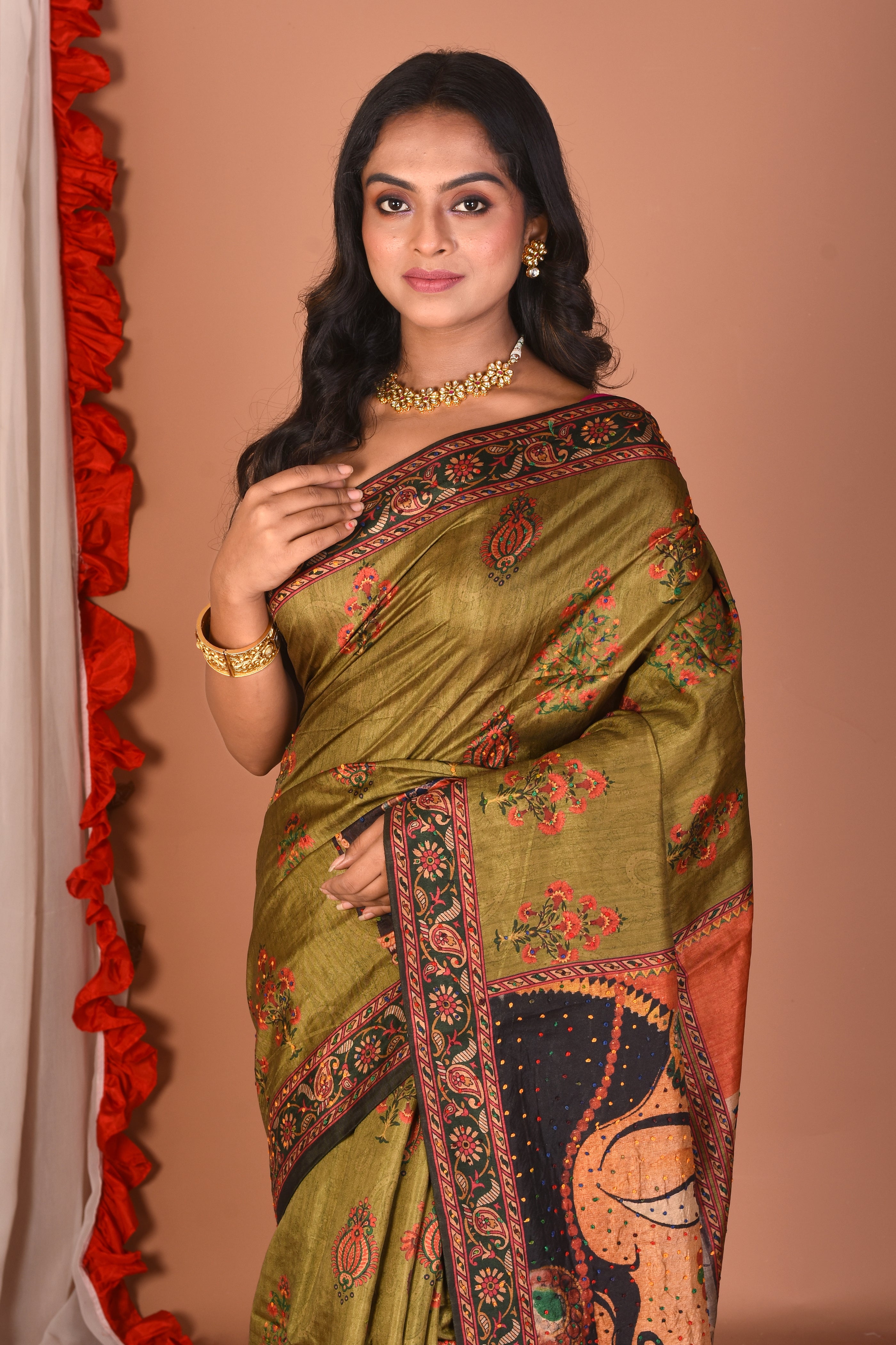 Olive Blended Printed Silk Saree - Keya Seth Exclusive