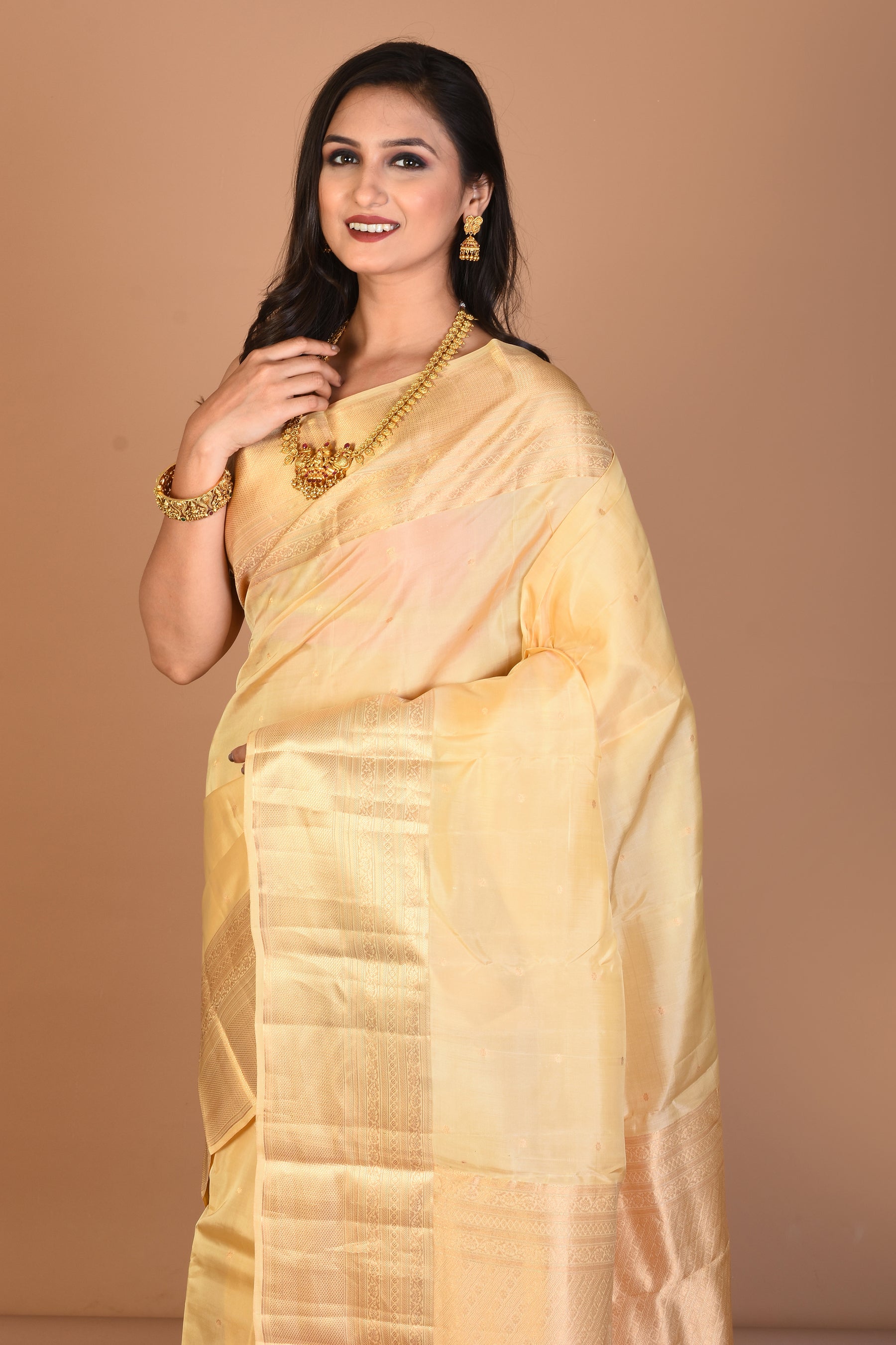 Beige Blended Kanjivaram Silk Saree with Blouse Piece - Keya Seth Exclusive