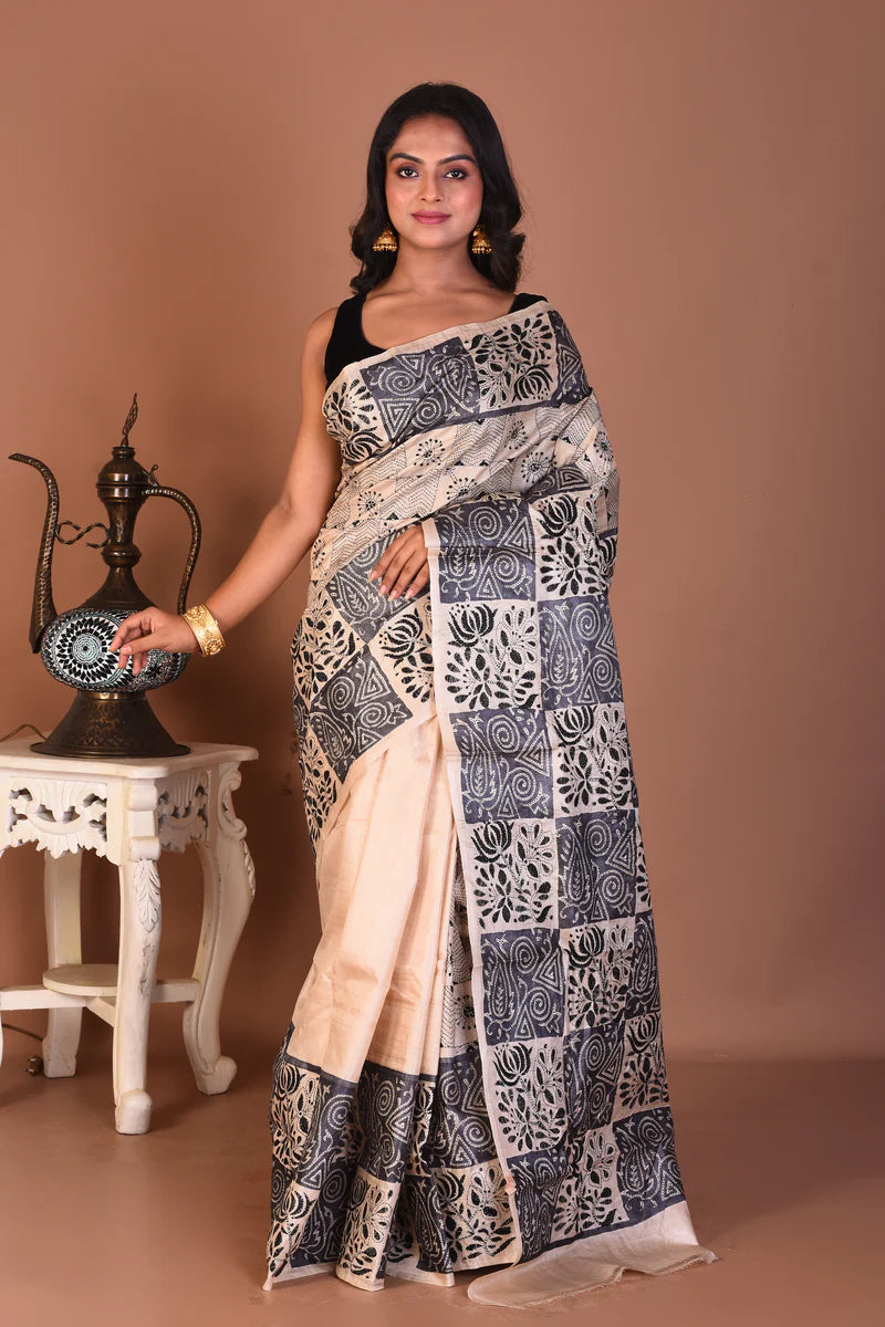 Beige Pure Katha Stitch Saree - Keya Seth Exclusive