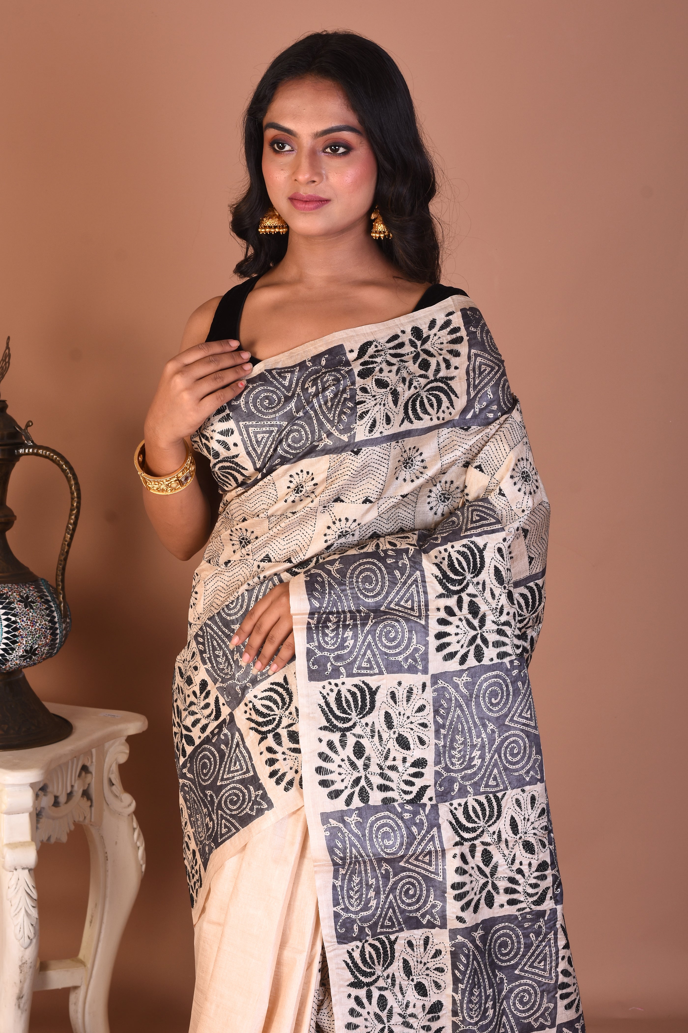 Beige Pure Katha Stitch Saree - Keya Seth Exclusive