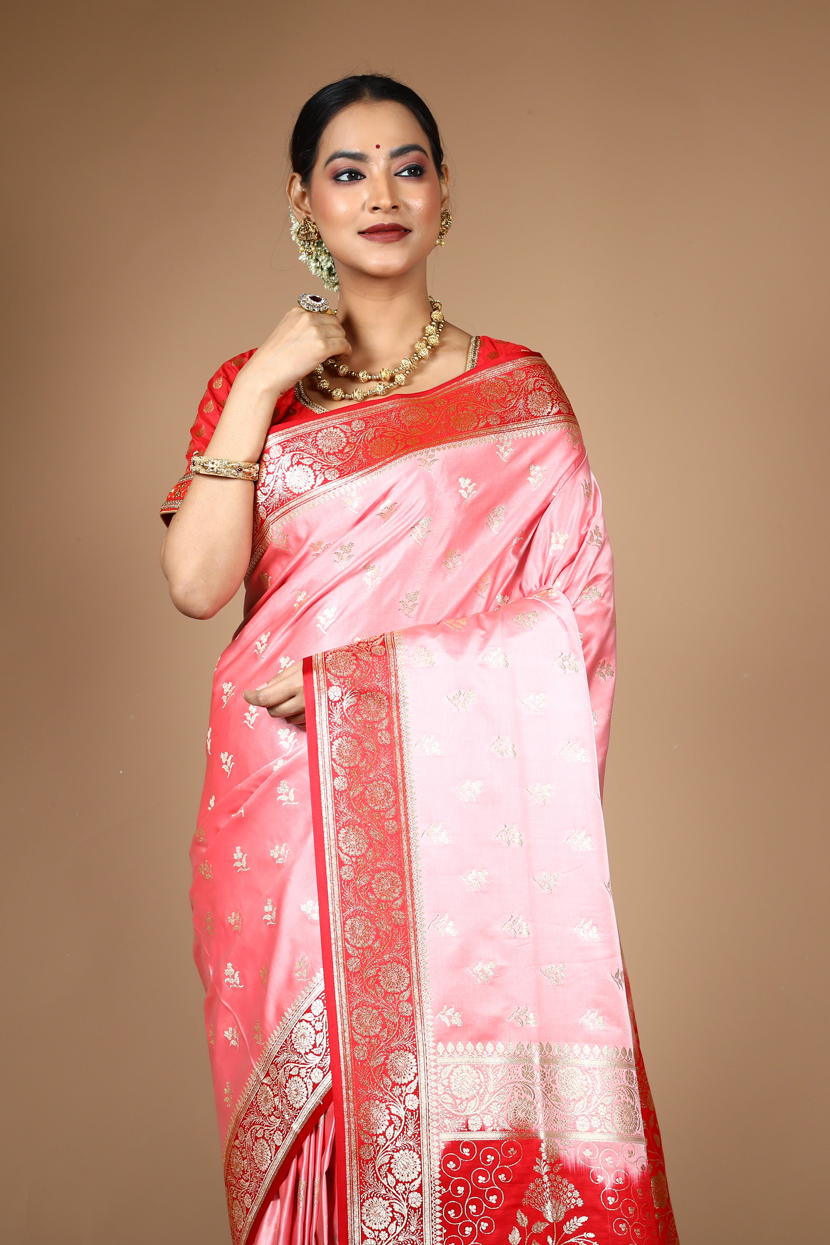 Peach Blended Satin Banarasi Saree