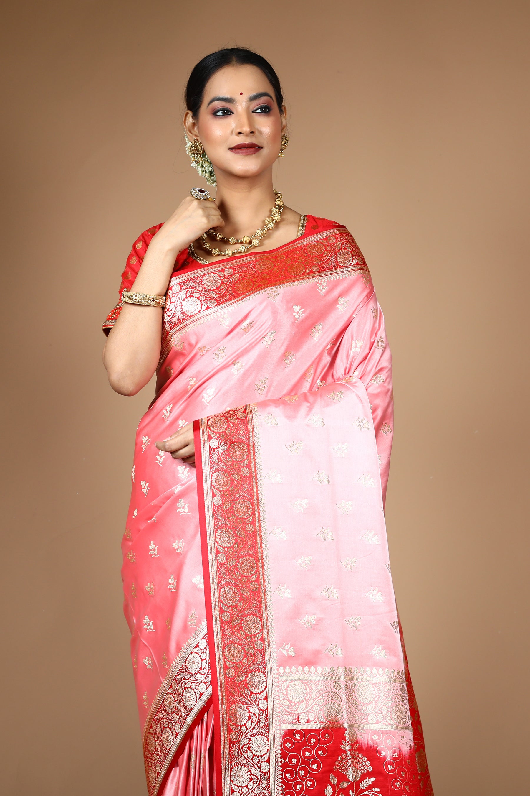 Peach Blended Satin Banarasi Saree