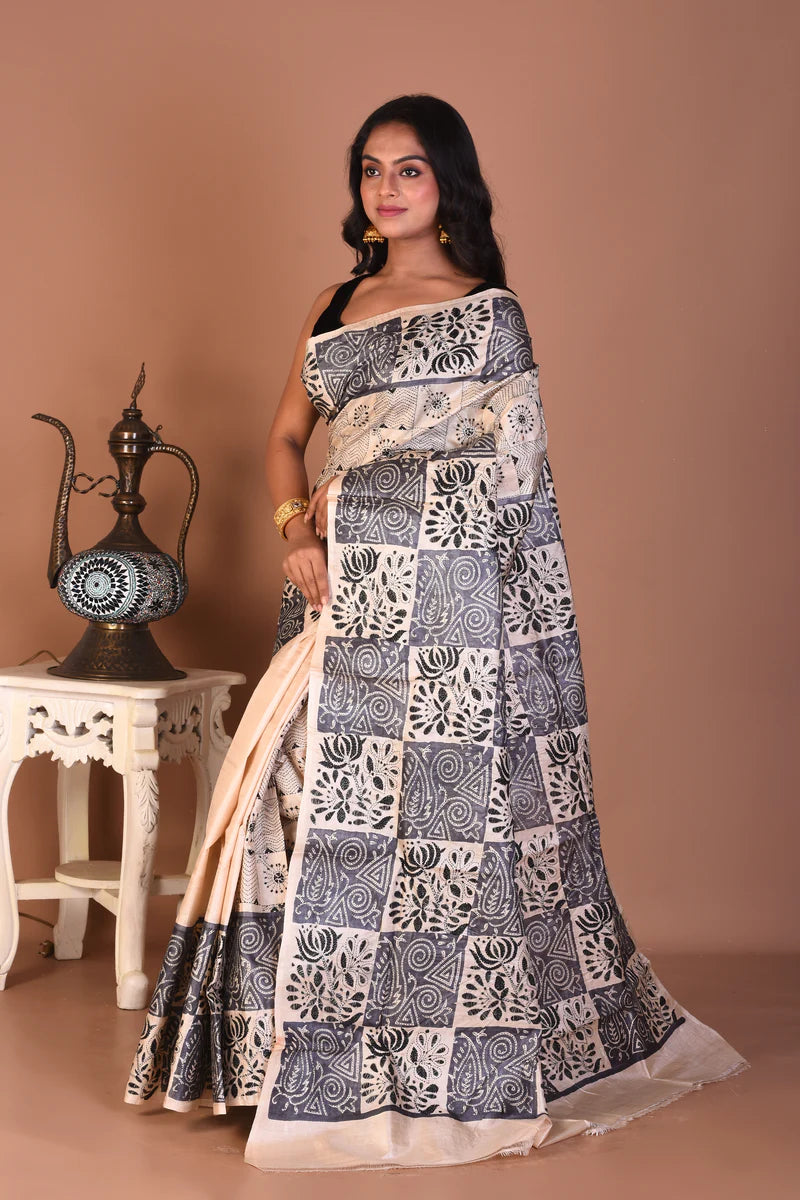 Beige Pure Katha Stitch Saree - Keya Seth Exclusive