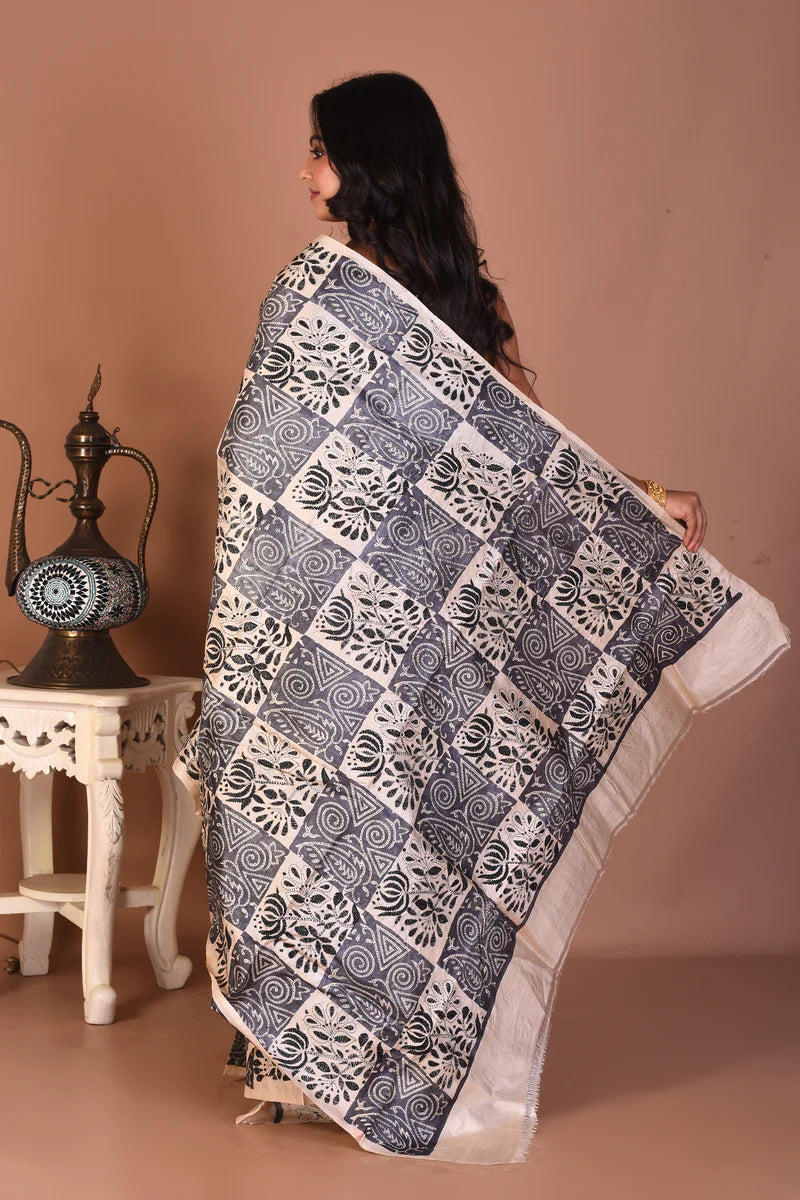 Beige Pure Katha Stitch Saree - Keya Seth Exclusive