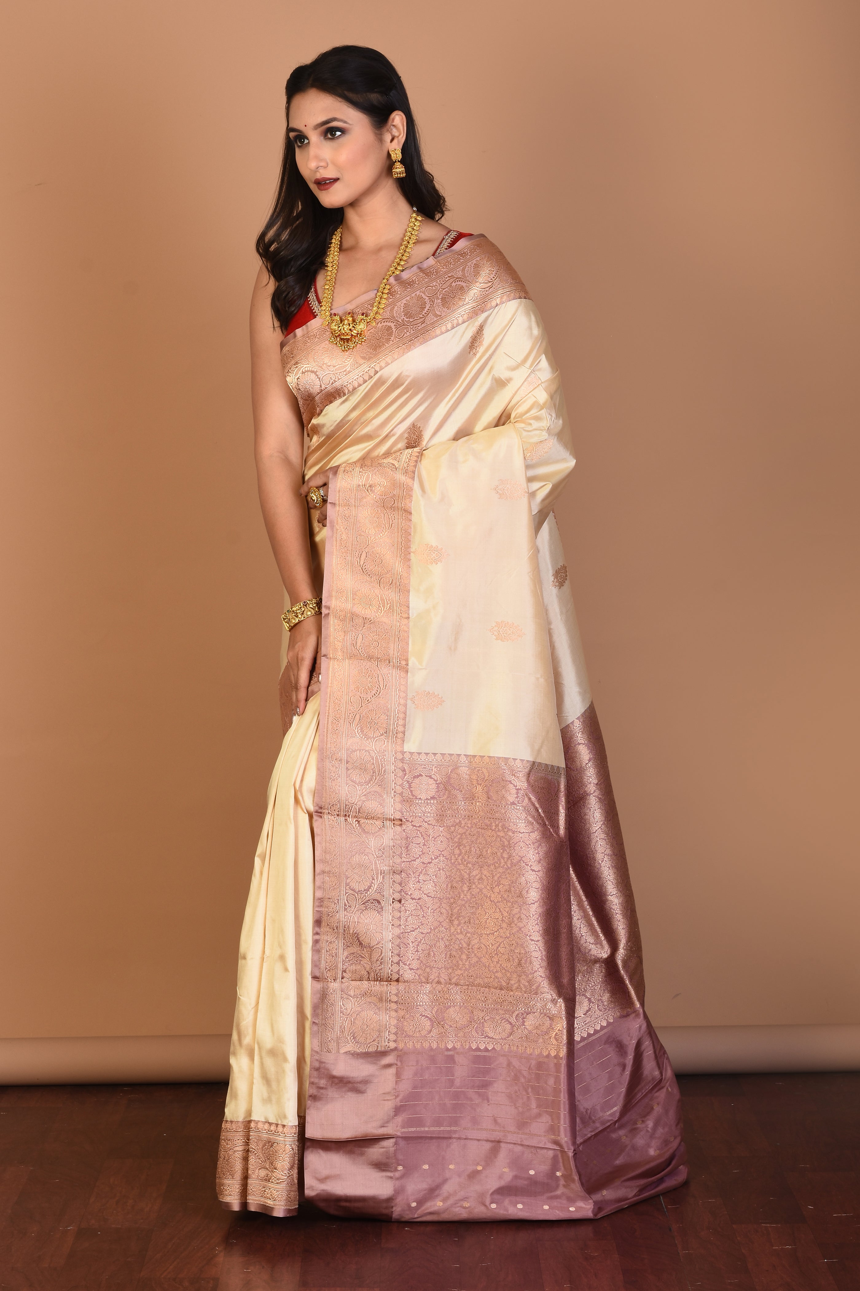 Off-white Pure Katan Silk Saree with Blouse Piece - Keya Seth Exclusive