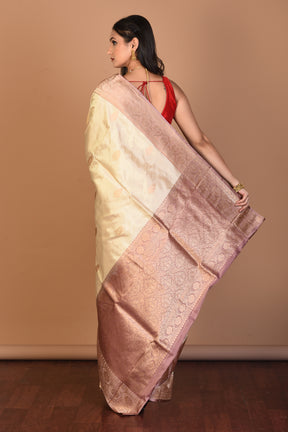 Off-white Pure Katan Silk Saree with Blouse Piece - Keya Seth Exclusive