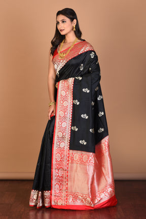 Black Pure Katan Silk Saree with Blouse Piece - Keya Seth Exclusive